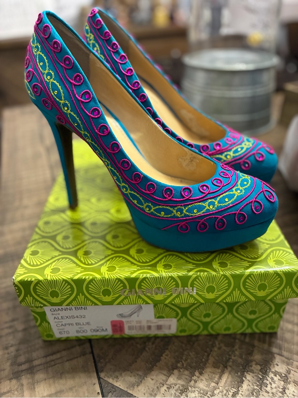 Gianni Bini Capri Blue Embroidered Stiletto Pumps with Pink & Yellow Accents
